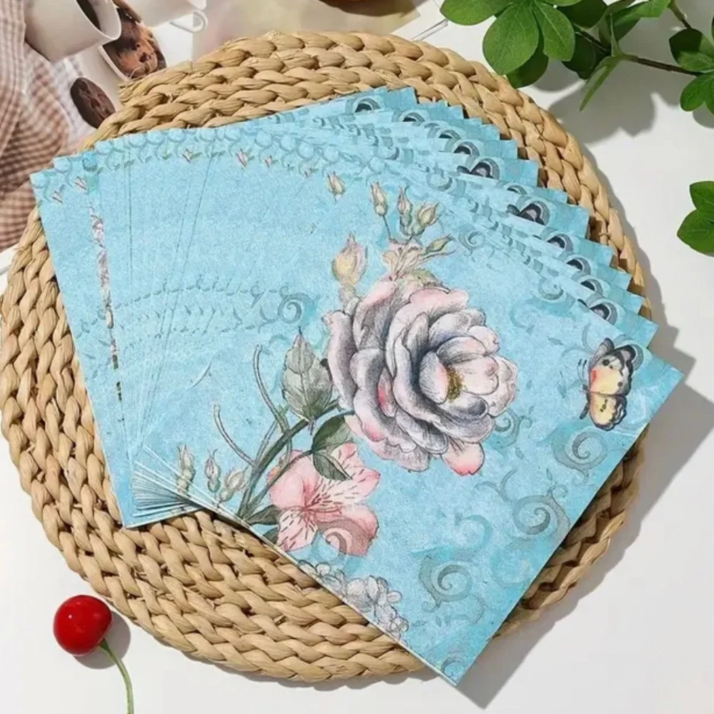 Floral Rose on Blue Luncheon Paper Napkins, 20 ct